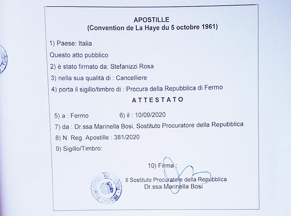 Пример апостиль в Италии на документы