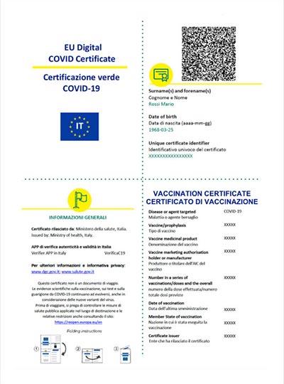 Сертификат зеленый паспорт ковид 19 в Италии бумажная версия